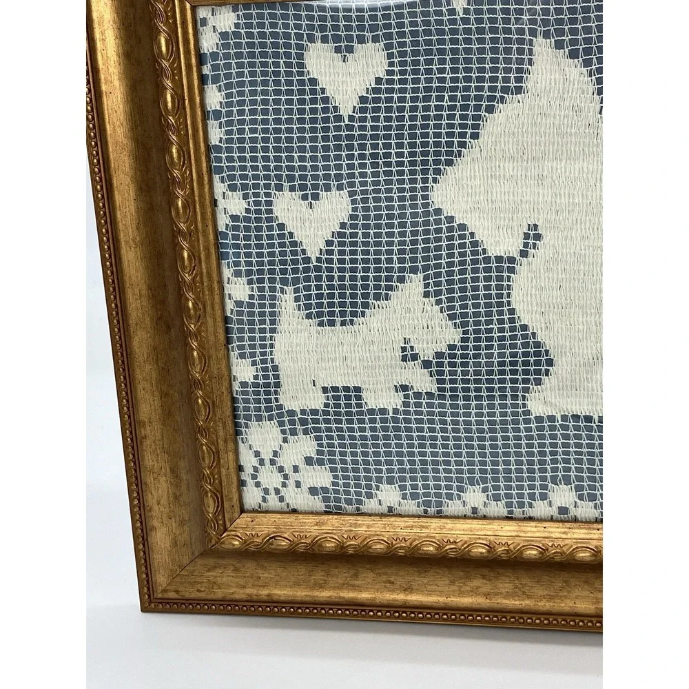 Vtg. Framed Doily Scottie Dog Scottish Terrier Puppy Hearts Wall Hanging Cottage